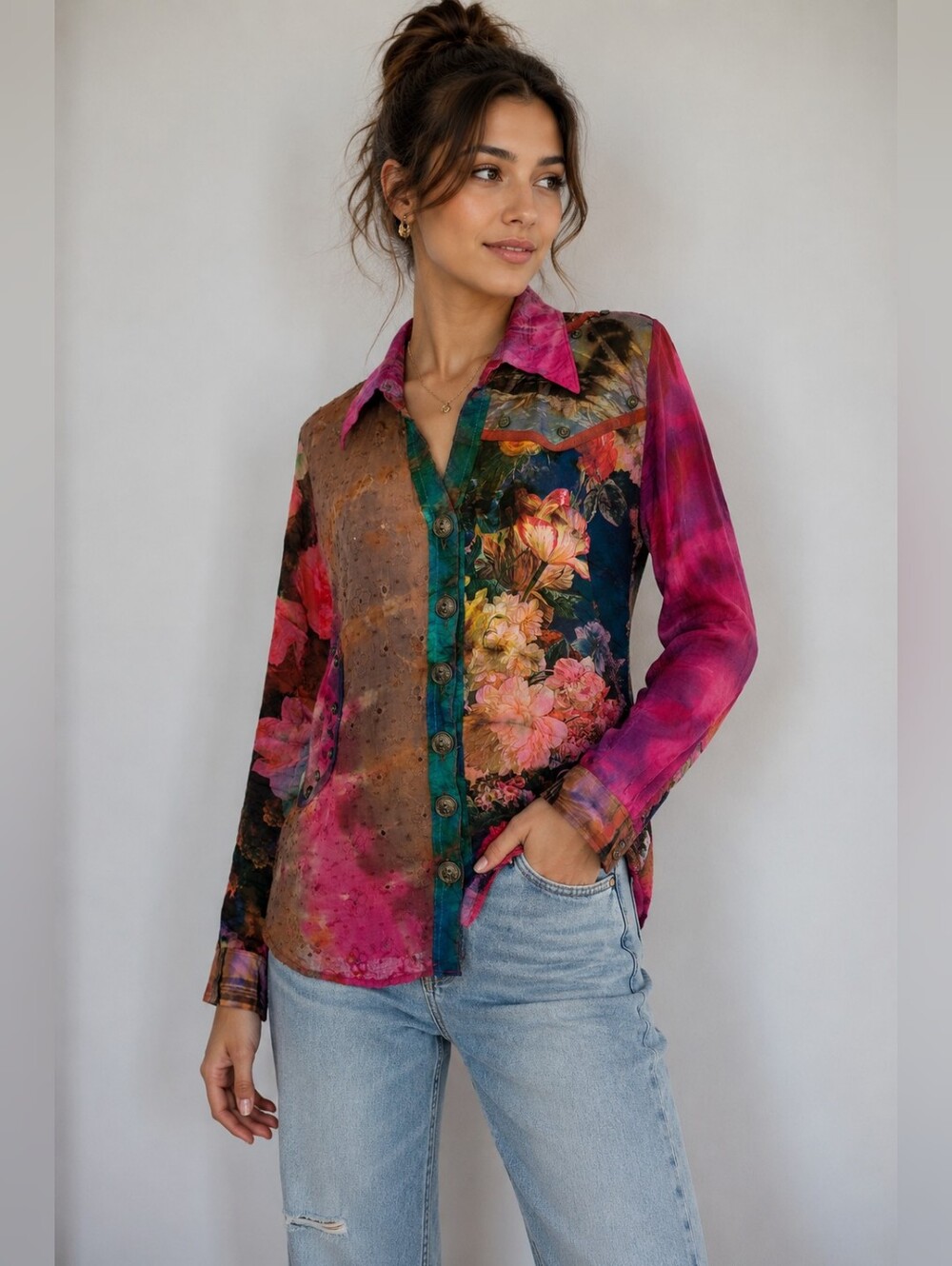 Vintage Floral Patchwork Button-Front Boho Artsy Western Shirt Pink Multi Sz XL